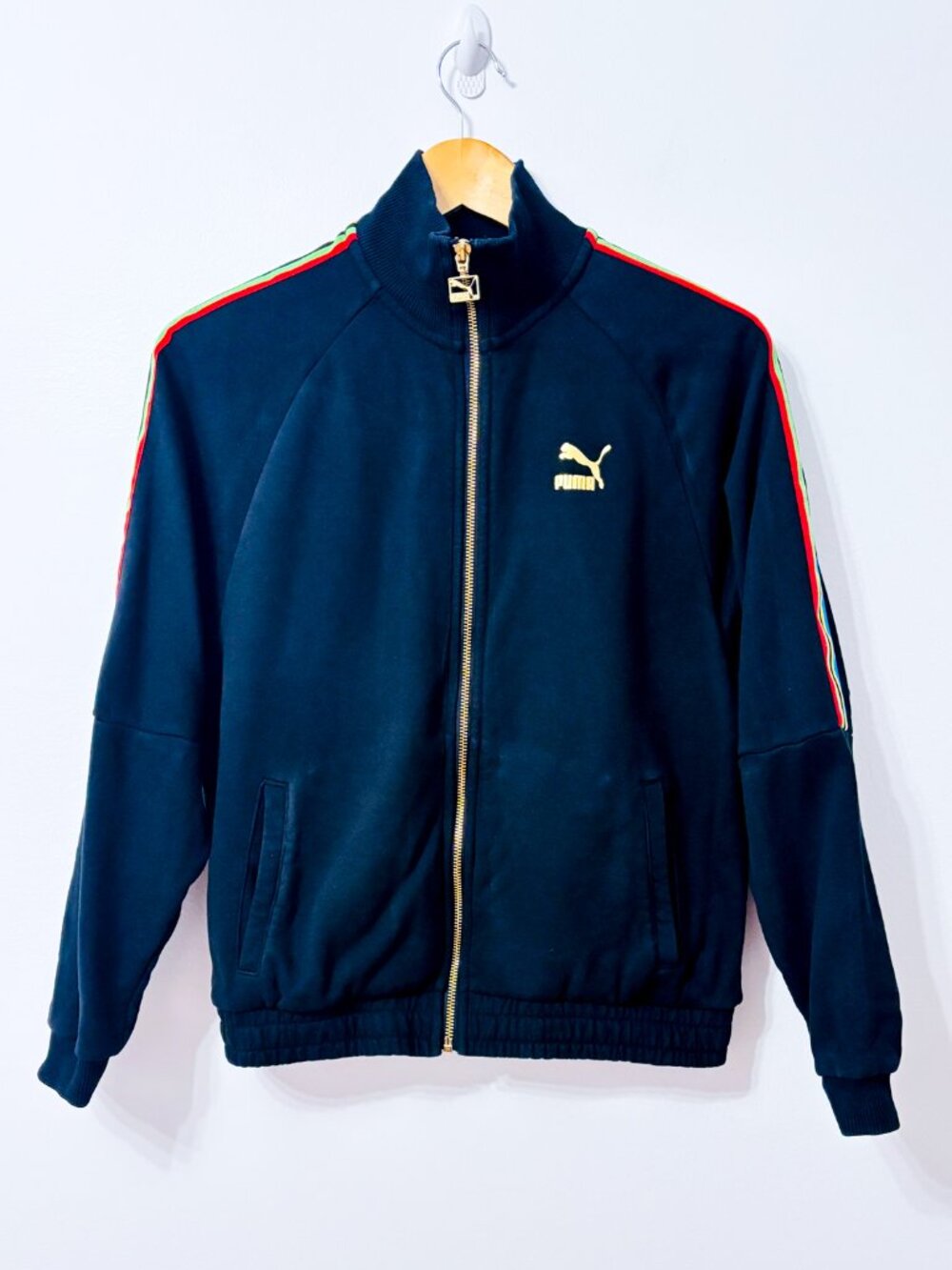 PUMA Black Cotton Track Jacket Multicolour Sleeve Stripes Gold Zip Small